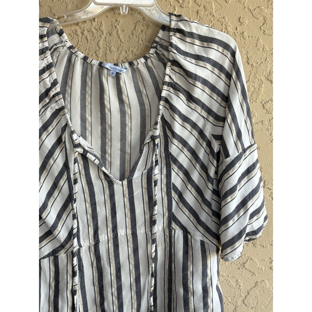 Blue Island Beach Boho Bell Sleeve Striped Blouse Woman’s Medium White/Navy/Gold